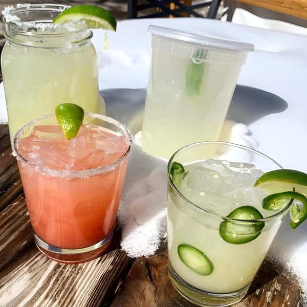 Four margaritas, including pink and jalapeño variations, on a snowy wooden table.