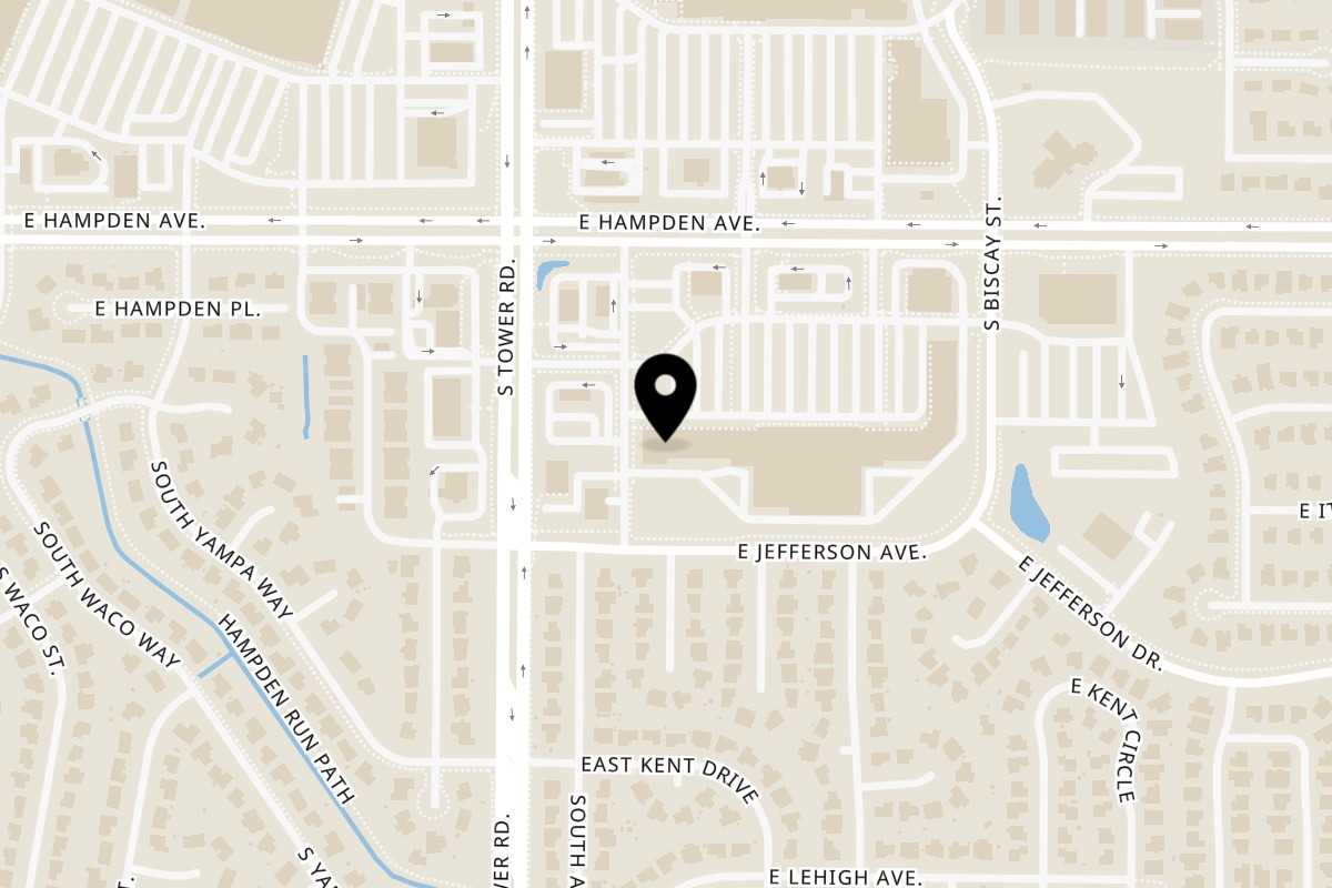Map showing the location of Yo Mommas Cantina on 18648 E Hampden Ave in Aurora